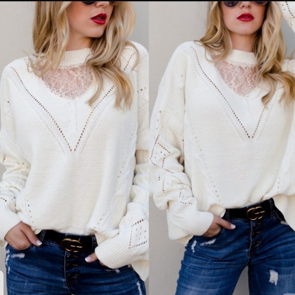 NWT Boutique Cream Cable Knit Lace Sequin Oversized Sweater S/M Boho Cozy - Picture 5 of 5